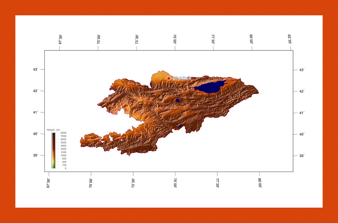 Elevation map of Kyrgyzstan