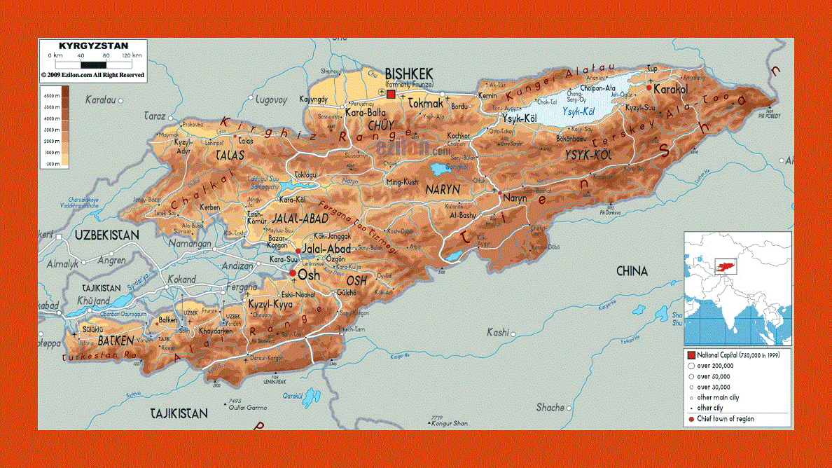 Physical map of Kyrgyzstan