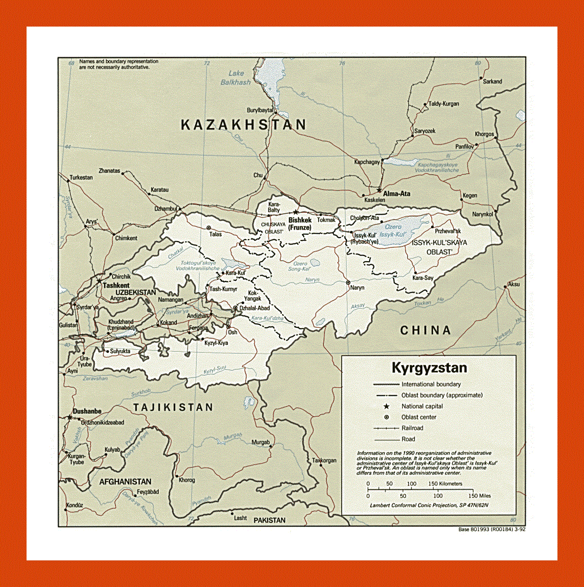 Political and administrative map of Kyrgyzstan - 1992