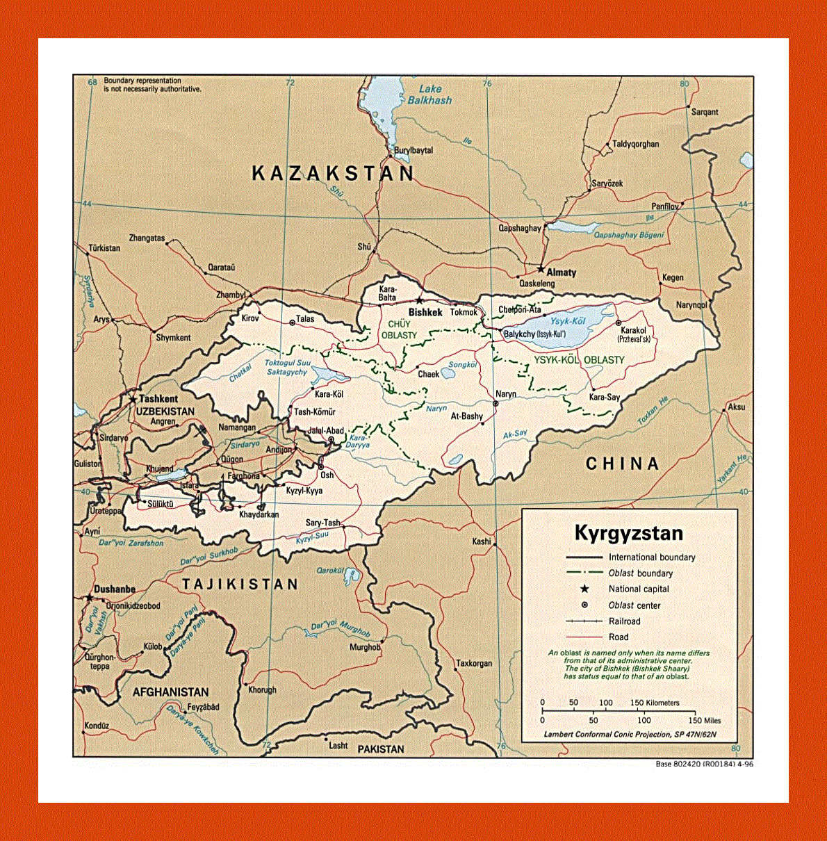 Political and administrative map of Kyrgyzstan - 1996