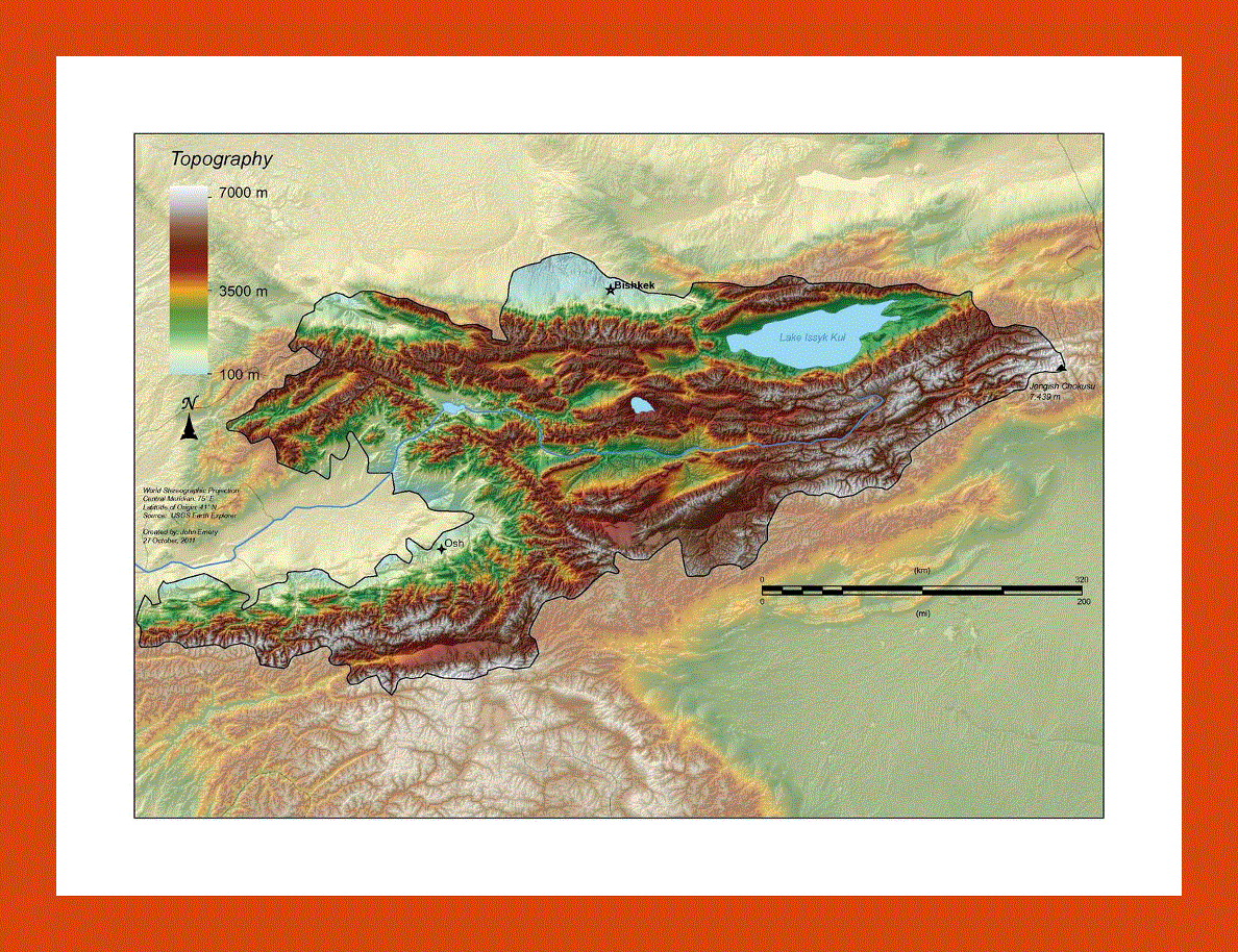 Topographical map of Kyrgyzstan