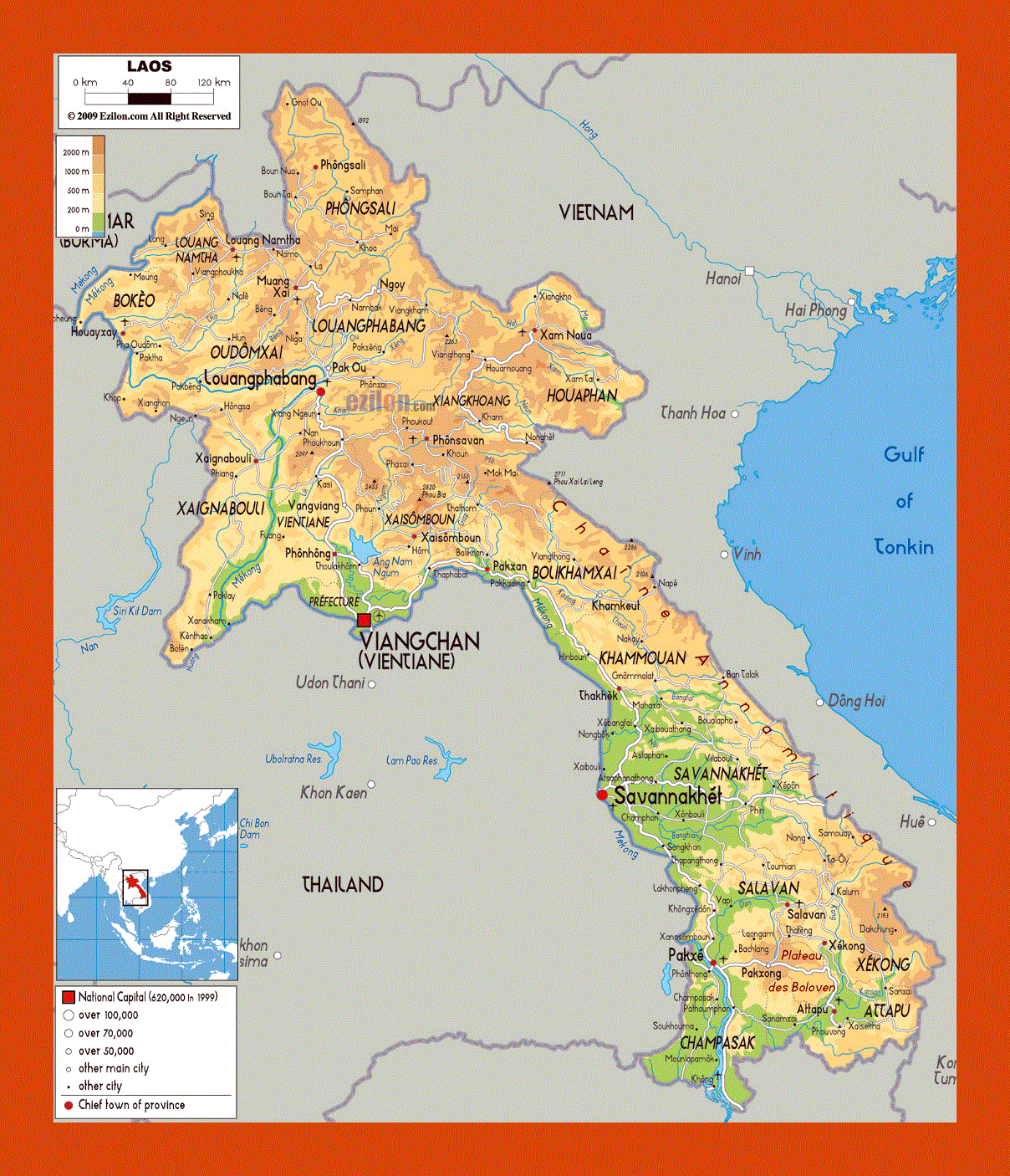 Physical map of Laos