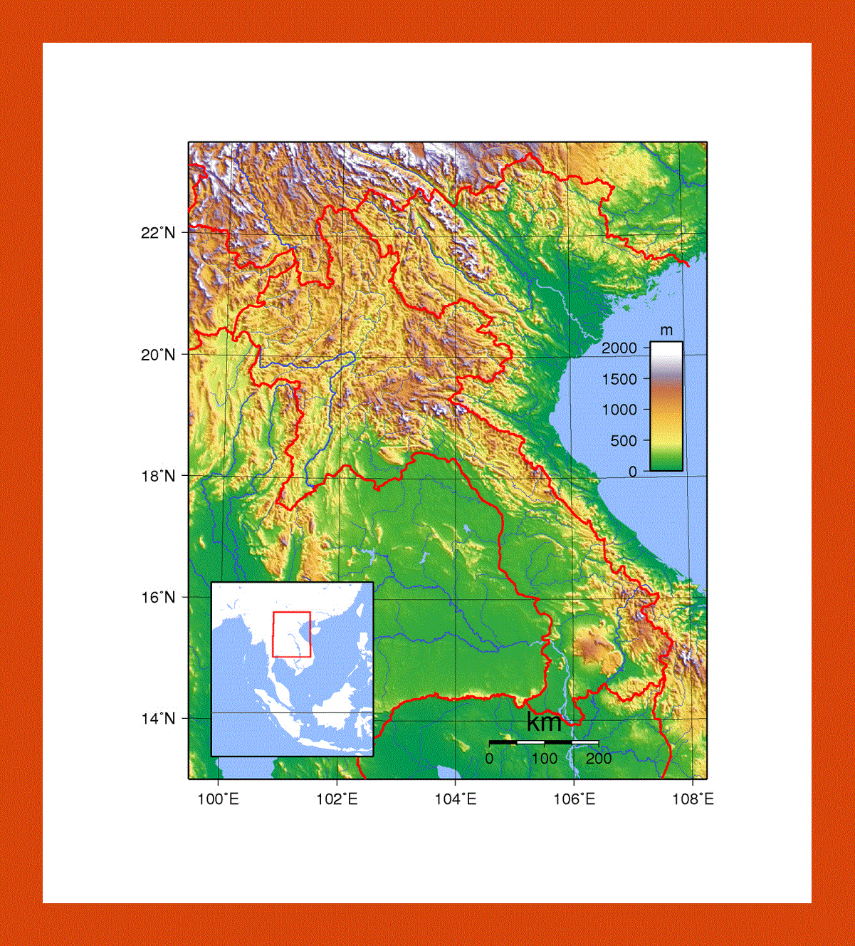 Topographical map of Laos