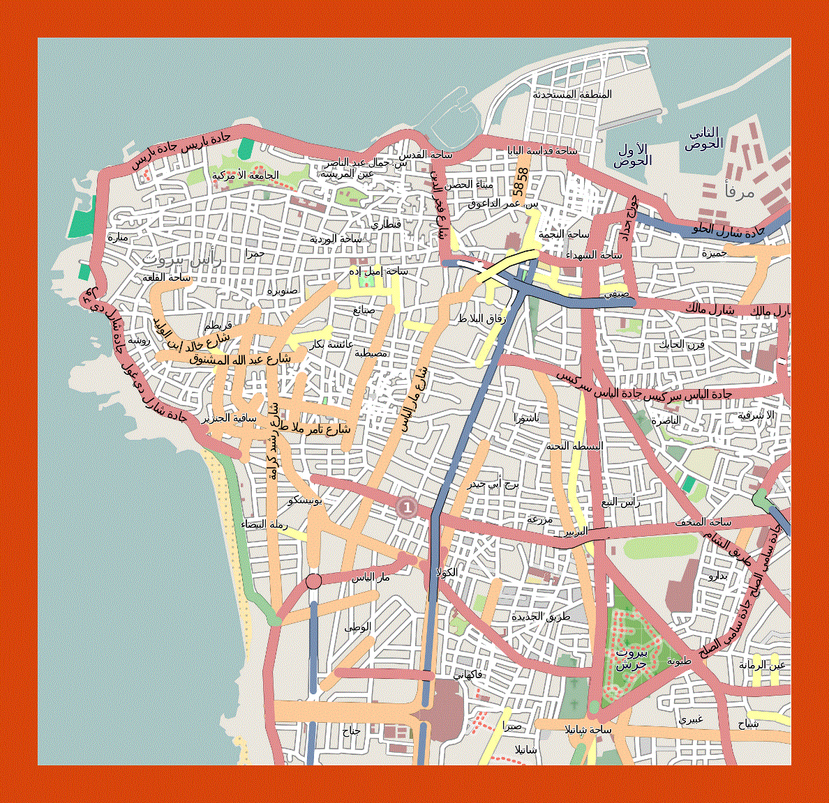 Road map of central part of Beirut city