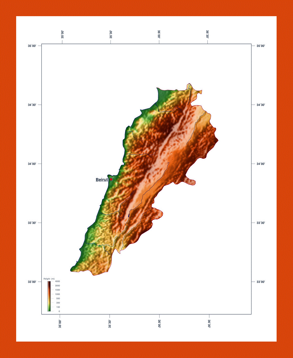 Elevation map of Lebanon