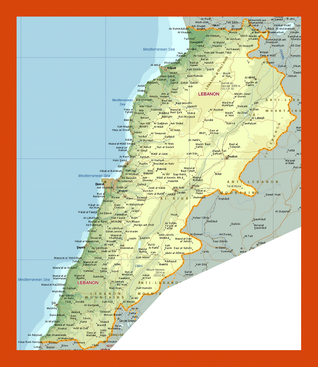 Elevation map of Lebanon