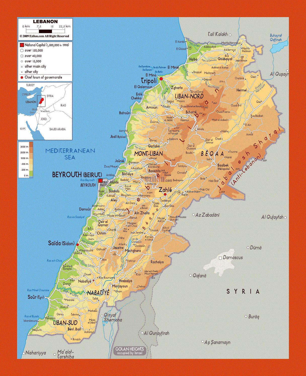 Physical map of Lebanon