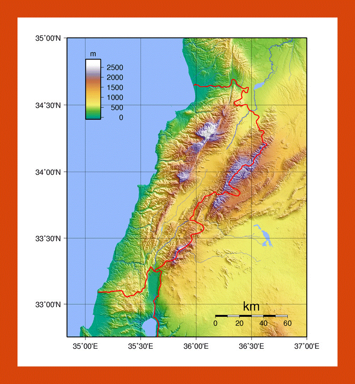 Physical map of Lebanon