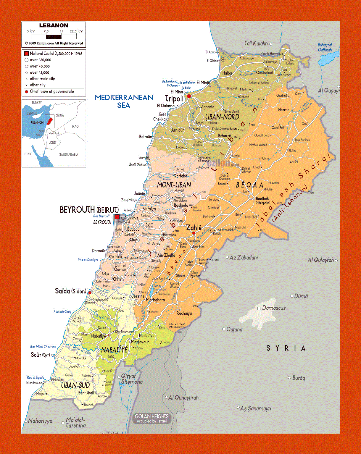 Political and administrative map of Lebanon