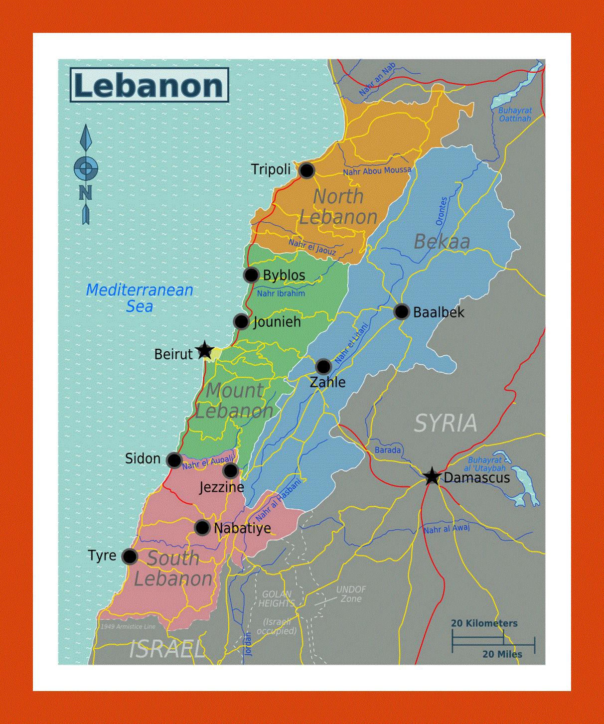 Regions map of Lebanon