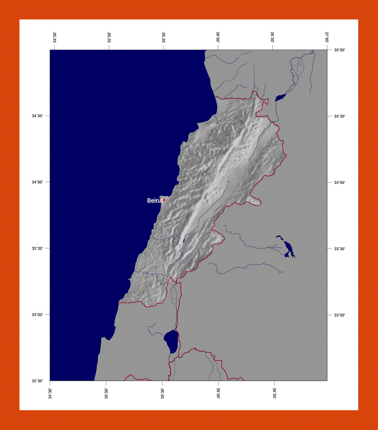 Shaded relief map of Lebanon