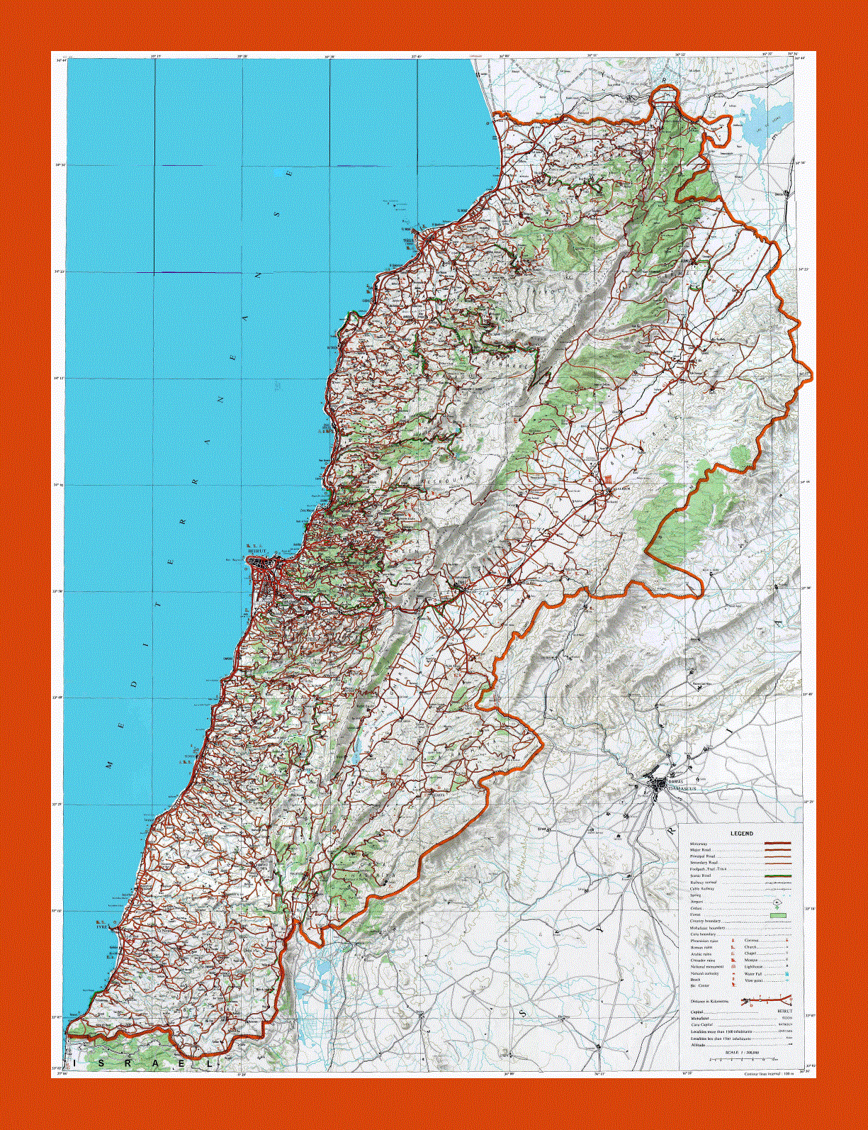Topographical map of Lebanon