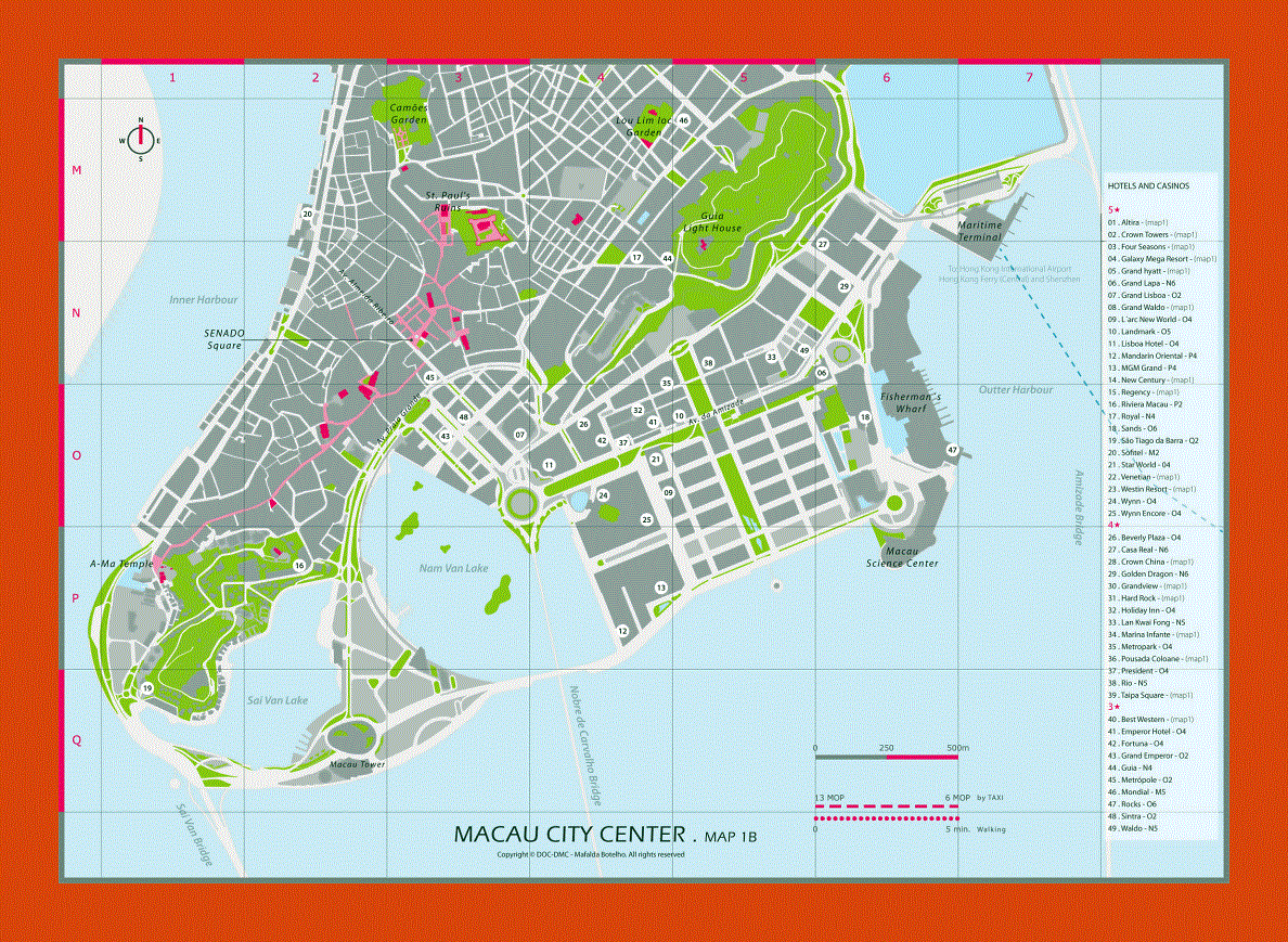 Hotels and casinos map of central part of Macau