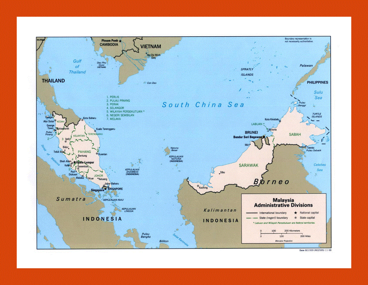 Administrative divisions map of Malaysia - 1998