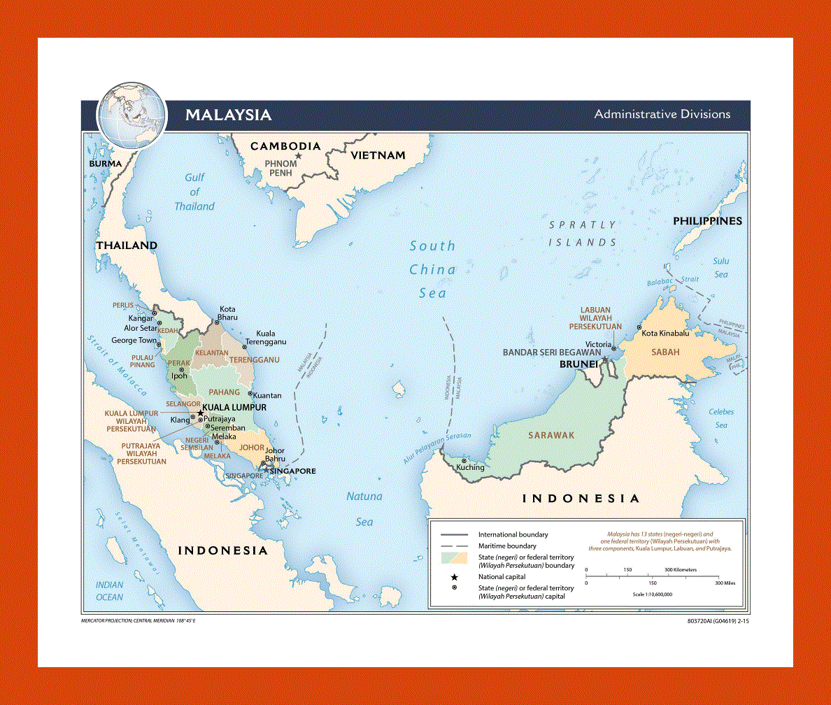 Administrative divisions map of Malaysia - 2015