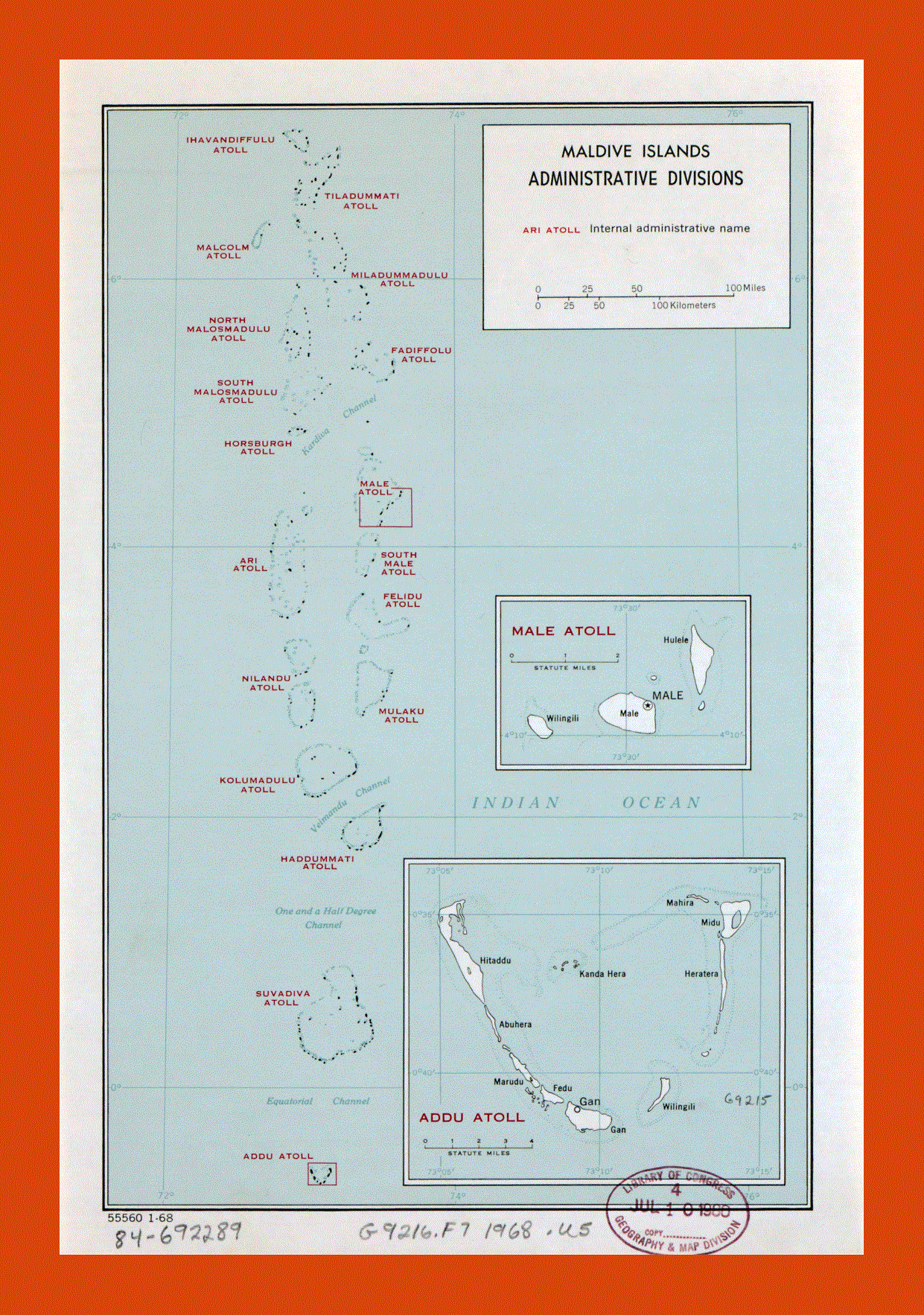Administrative divisions map of Maldives - 1968