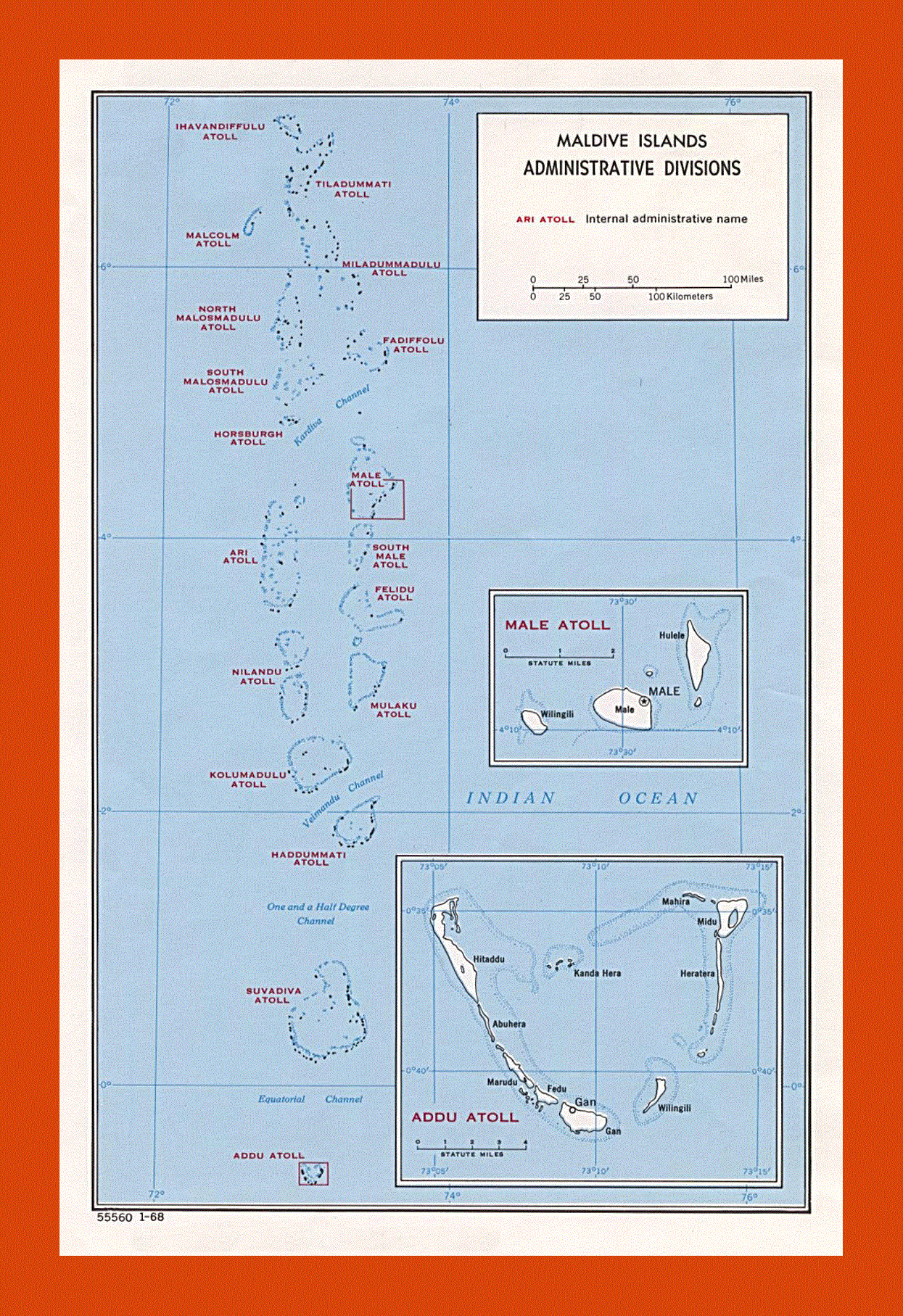 Administrative divisions map of Maldives - 1968