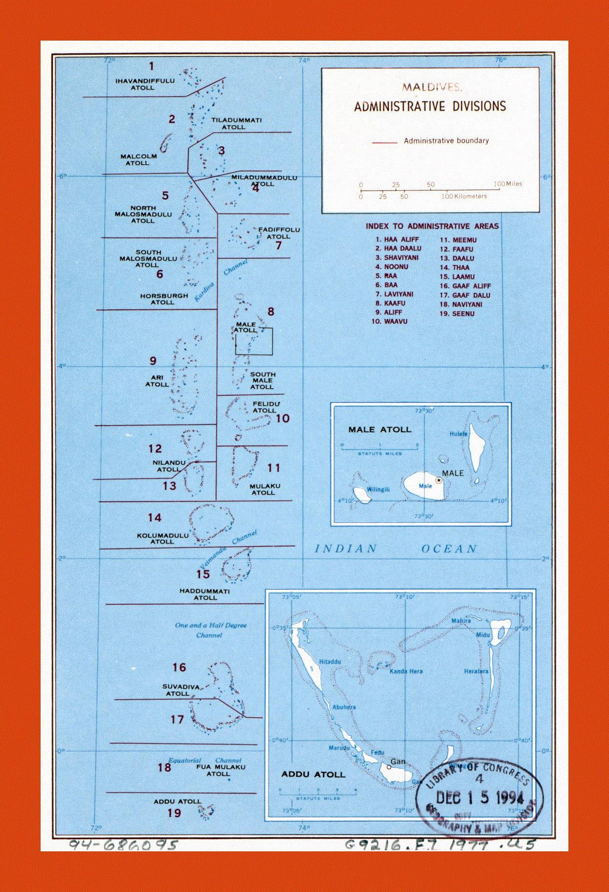 Administrative divisions map of Maldives - 1977