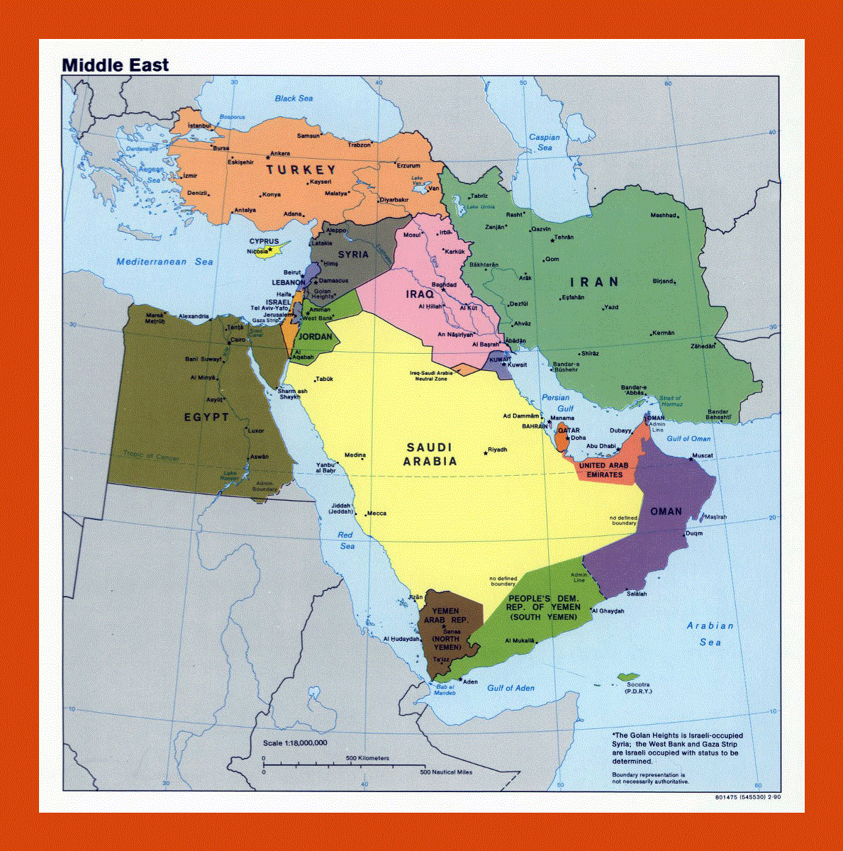 Political map of the Middle East - 1990