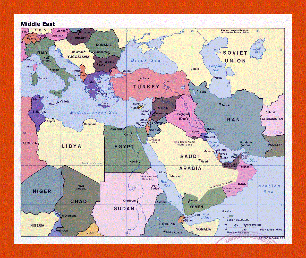 Political map of the Middle East - 1990