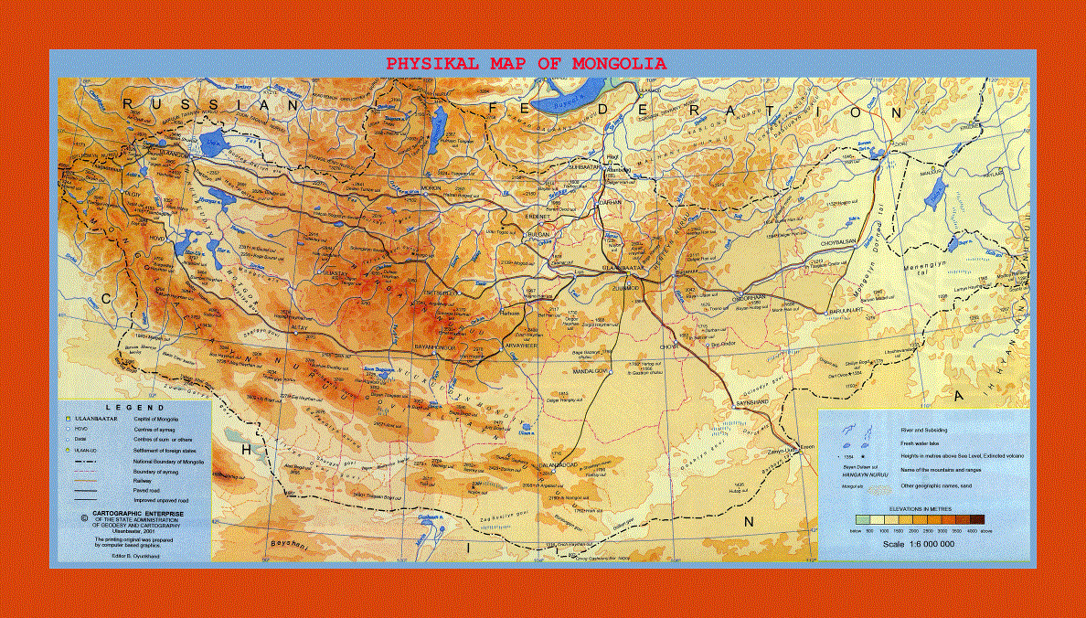 Physical map of Mongolia