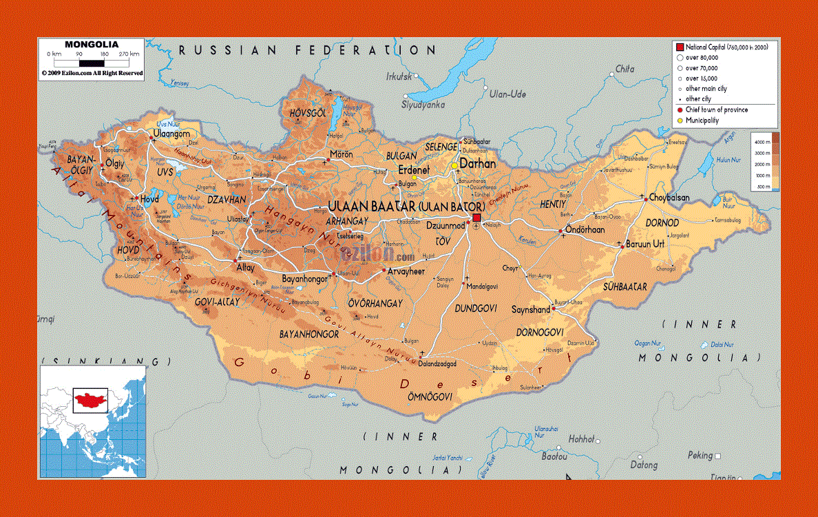 Physical map of Mongolia