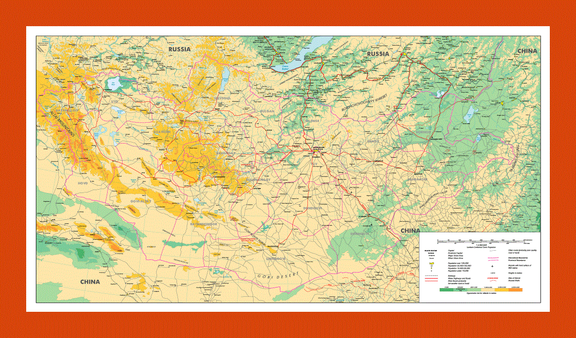 Physical map of Mongolia
