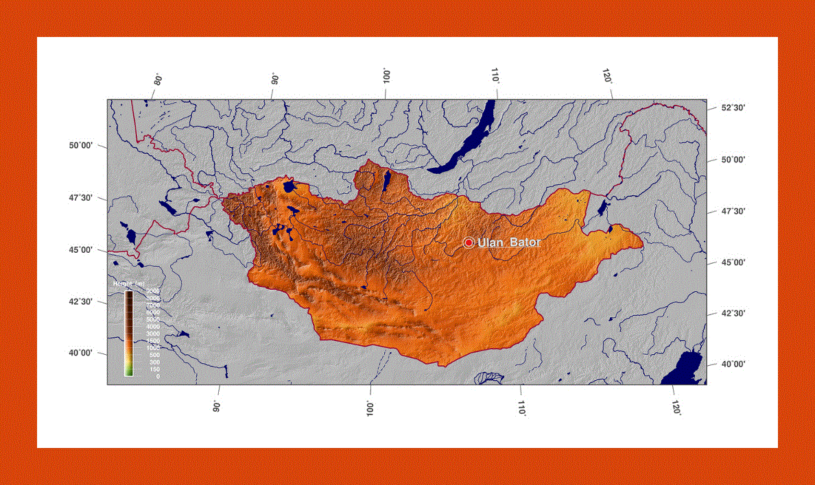 Physical map of Mongolia