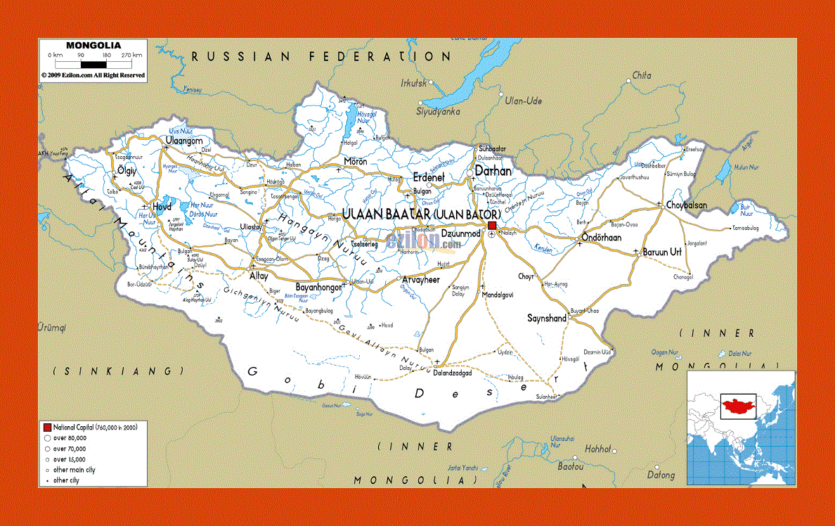 Road map of Mongolia