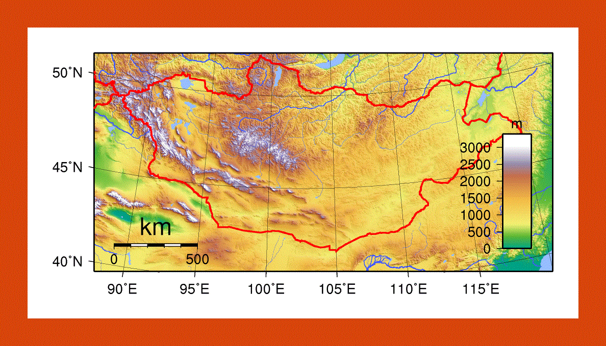 Topographical map of Mongolia