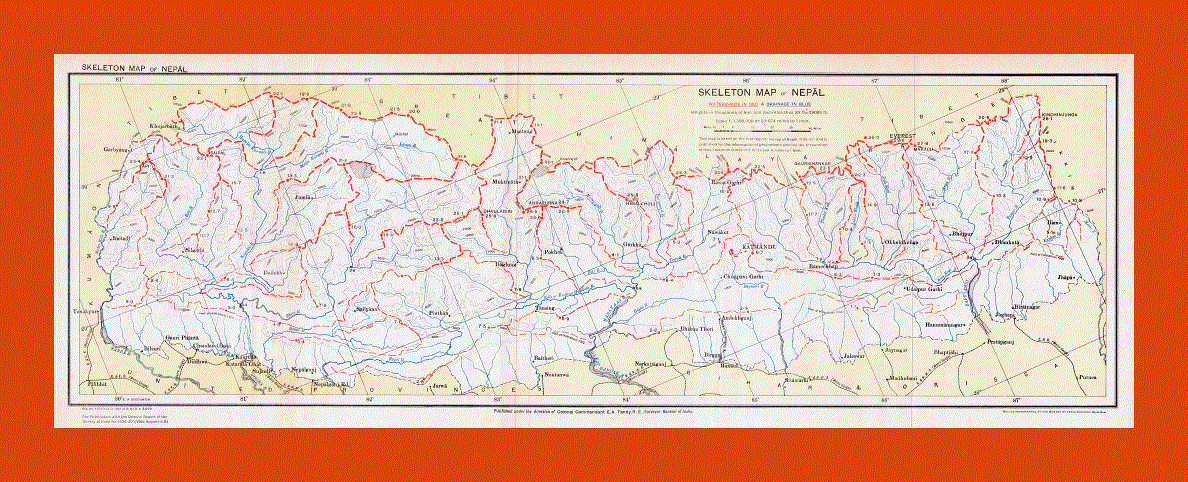 Old skeleton map of Nepal - 1927