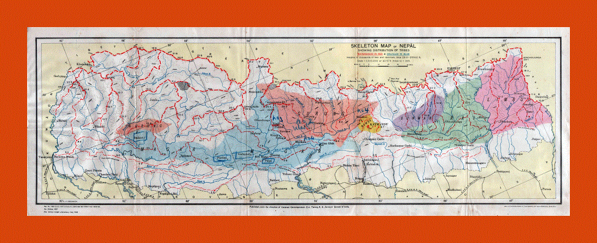 Old skeleton map of Nepal showing distribution of tribes - 1933