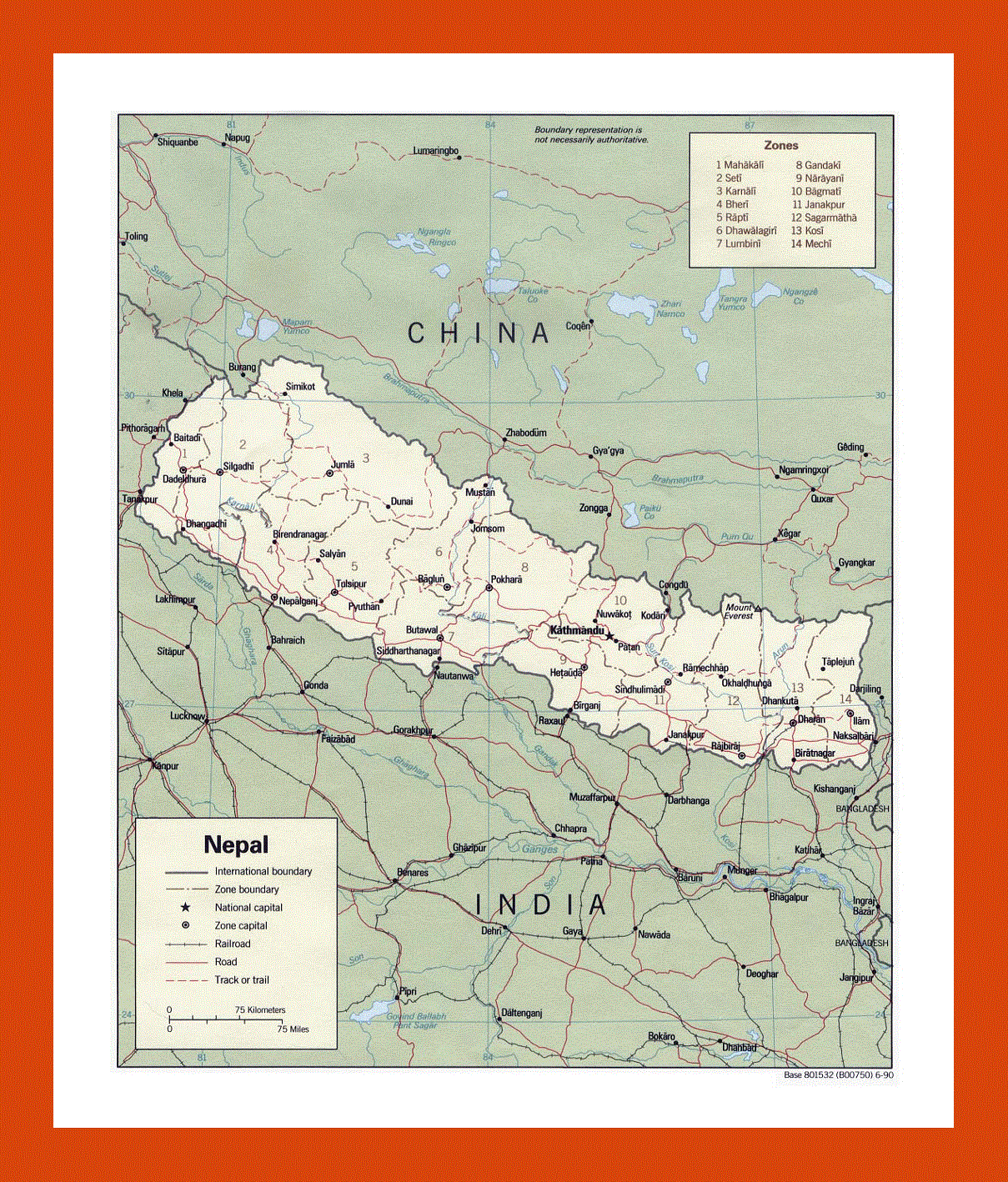 Political and administrative map of Nepal - 1990