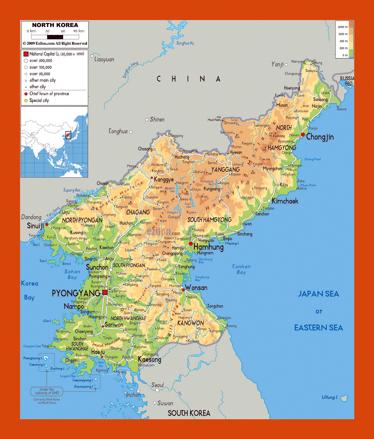 Physical map of North Korea