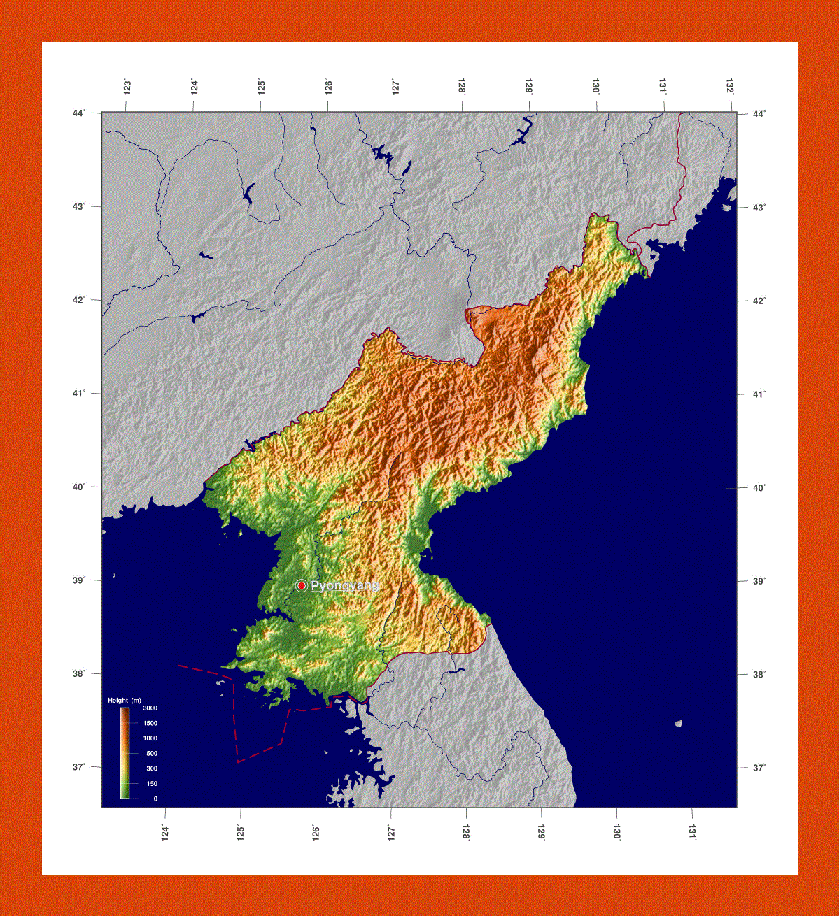 Physical map of North Korea