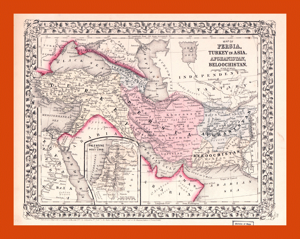 Old map of Persia, Turkey in Asia, Afghanistan and Beloochistan - 1869