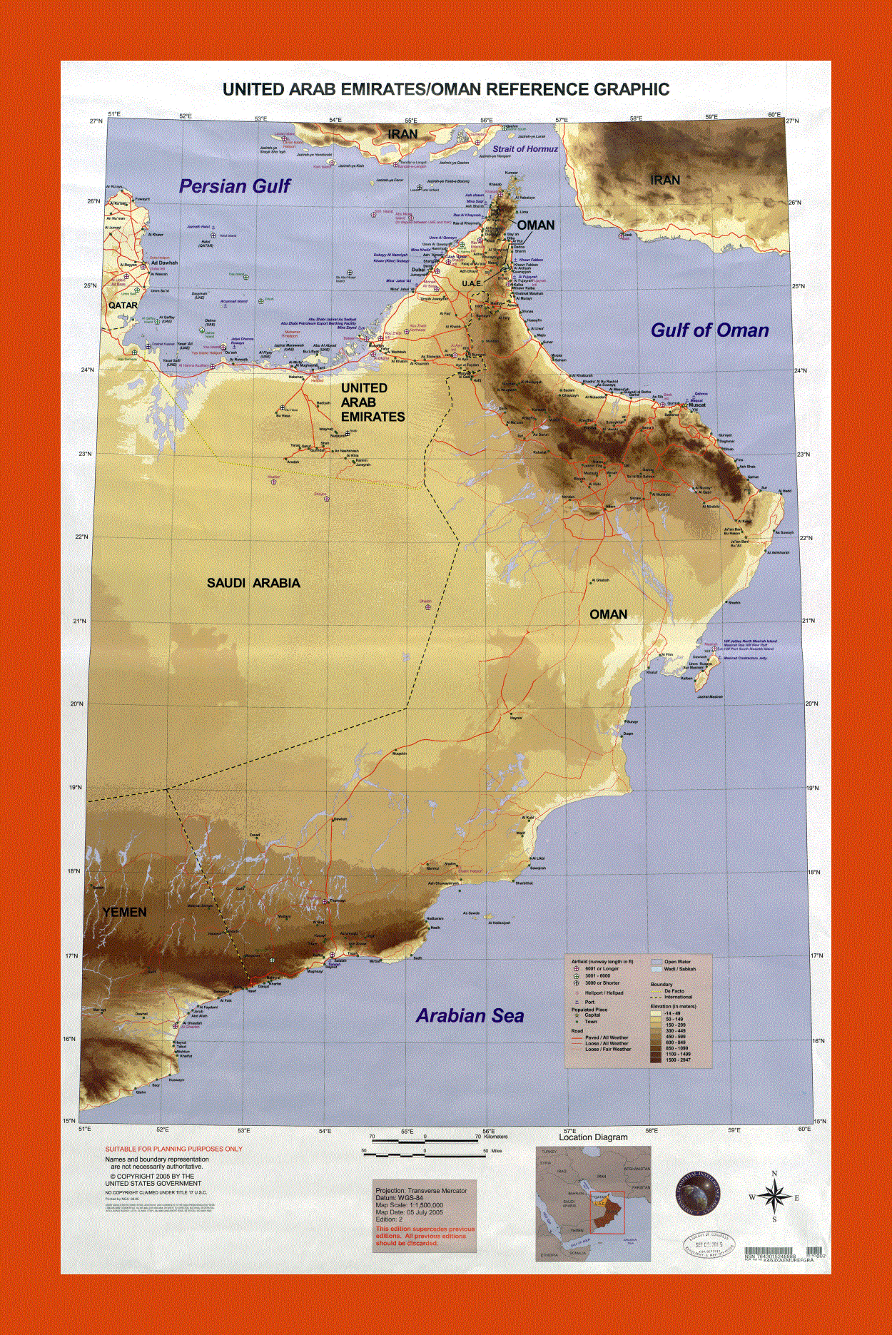 Elevation map of United Arab Emirates and Oman - 2005