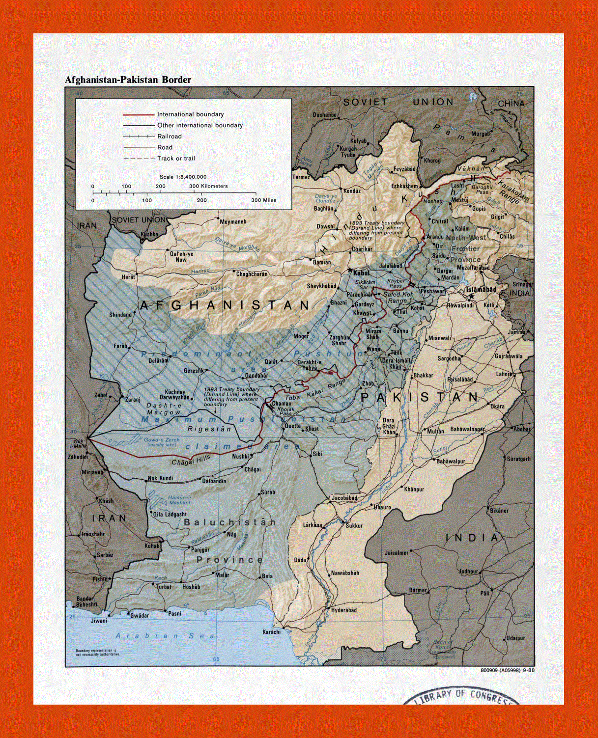 Map of Afghanistan-Pakistan border - 1988