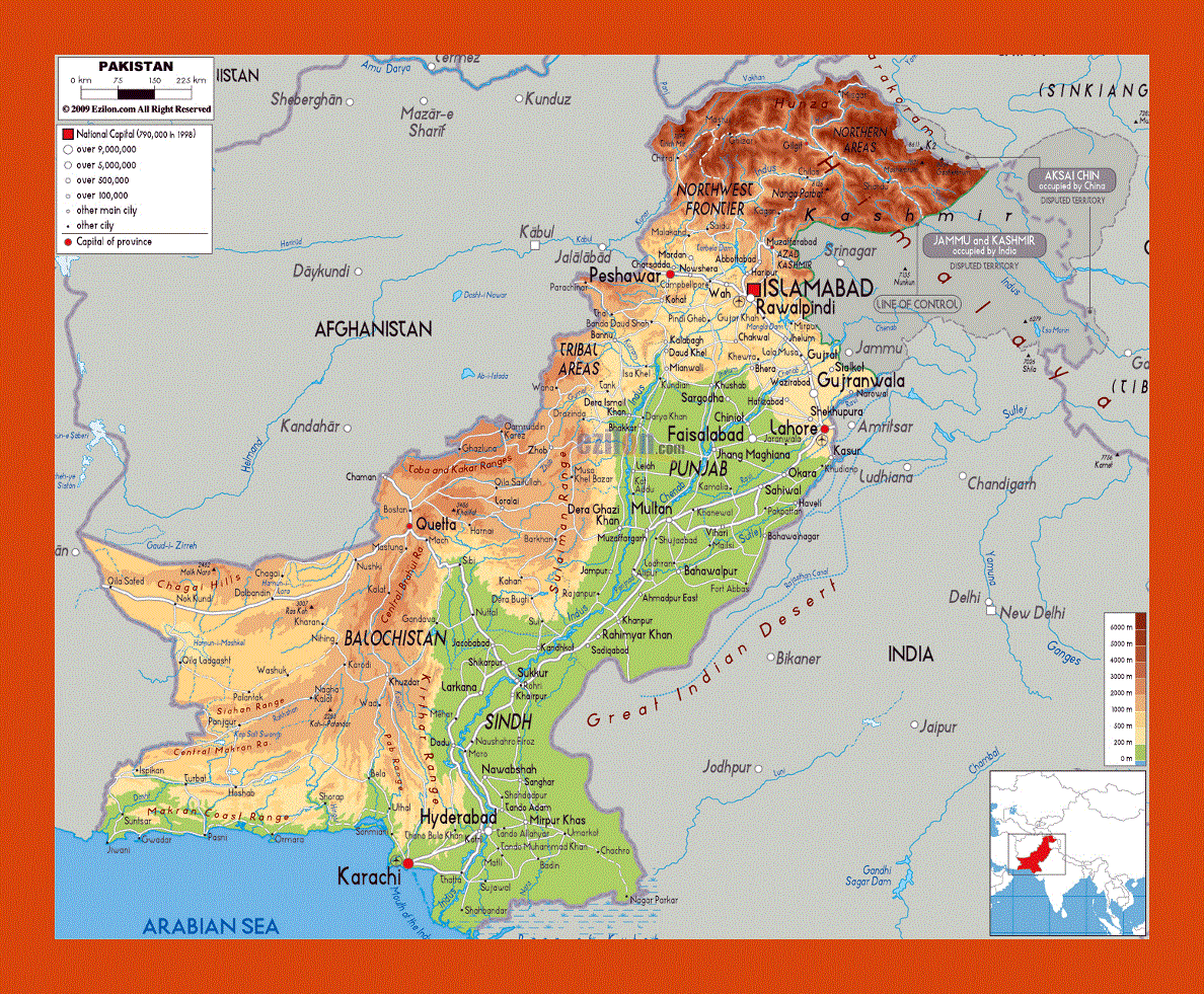 Physical map of Pakistan