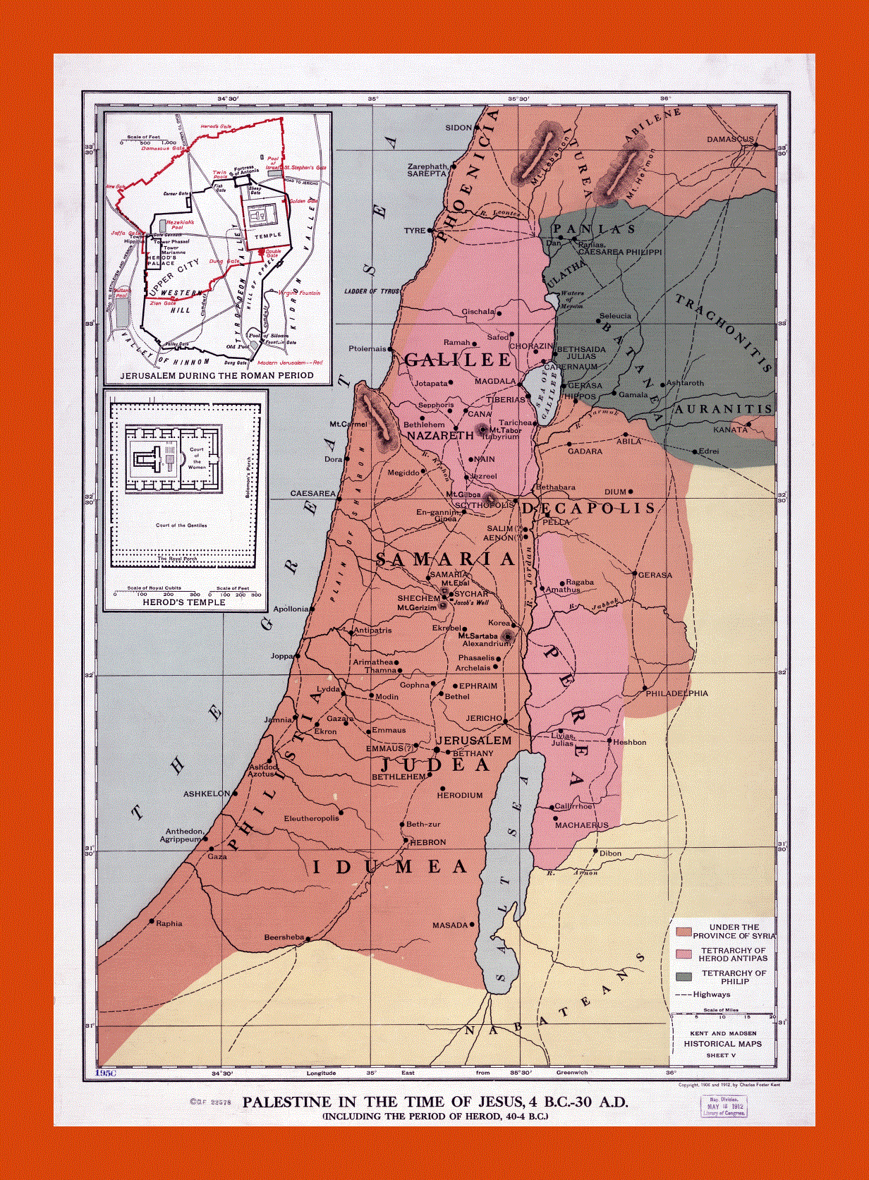 Old map of Palestine in the time of Jesus 4 B.C. - 30 A.D. - 1912