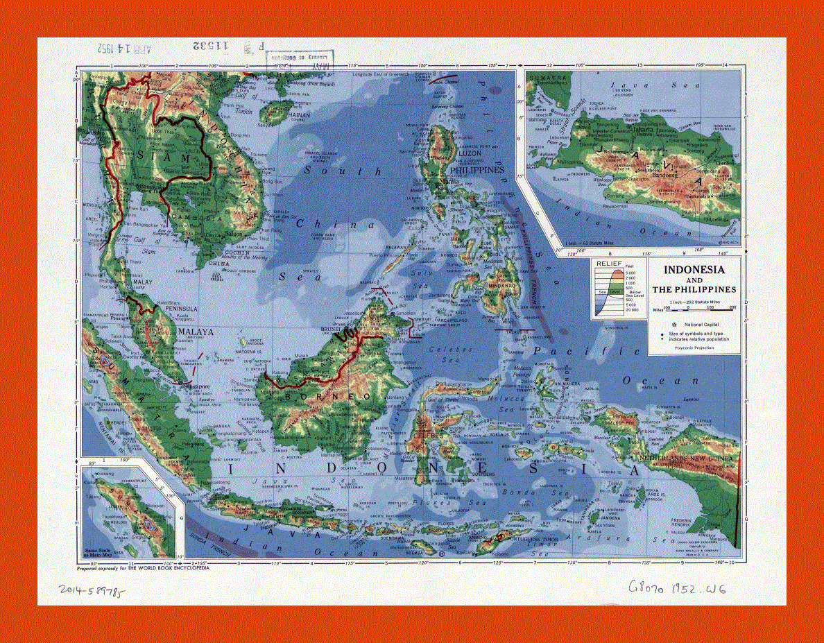 Elevation map of Indonesia and the Philippines - 1952