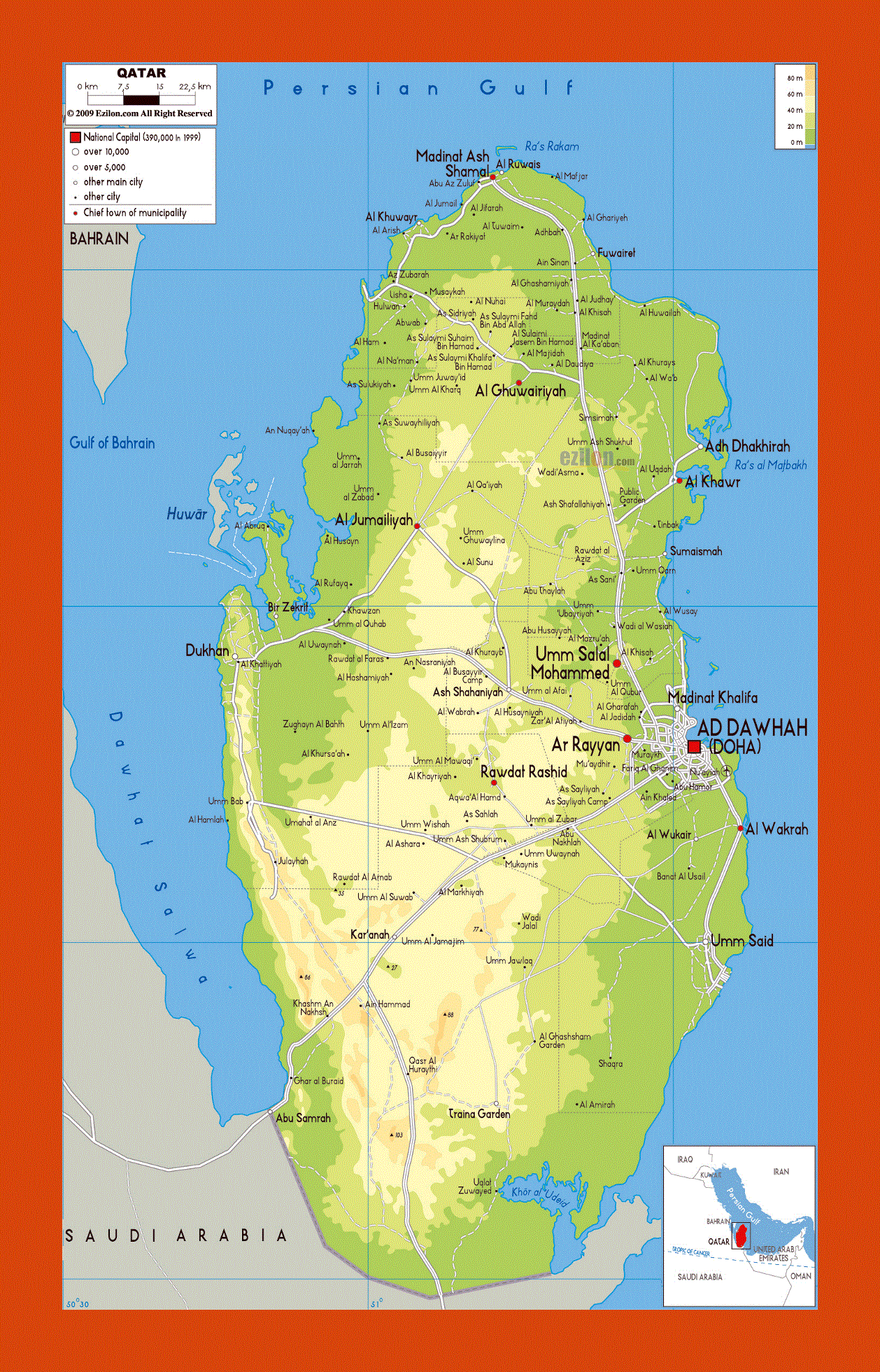 Physical map of Qatar