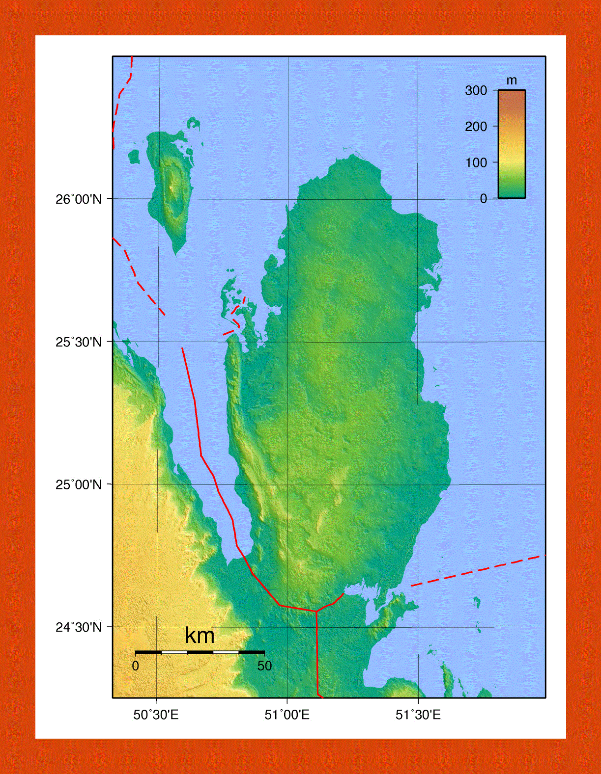 Physical map of Qatar