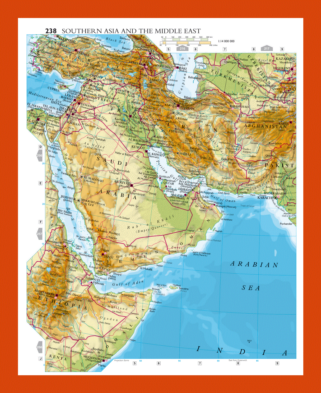 Elevation map of Southern Asia and the Middle East