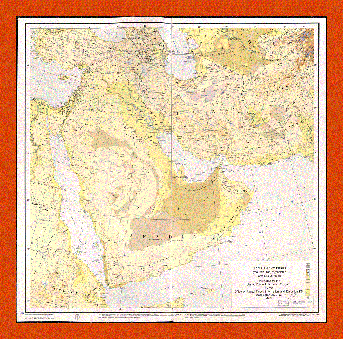 Elevation map of the Middle East Countries - Syria, Iran, Iraq, Afghanistan, Jordan and Saudi Arabia - 1955