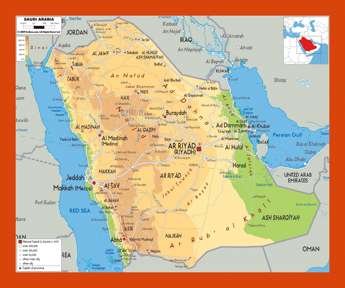 Physical map of Saudi Arabia