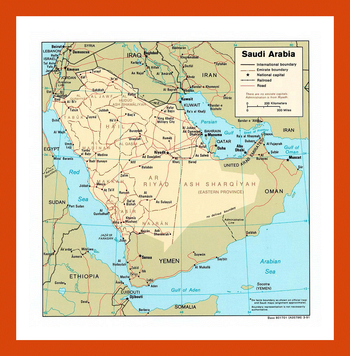 Political and administrative map of Saudi Arabia - 1991