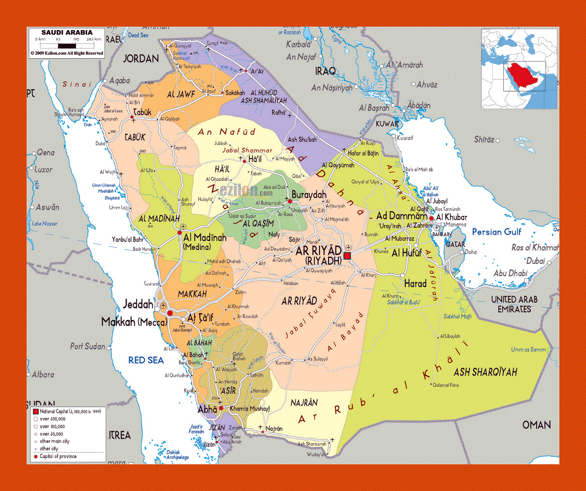 Political and administrative map of Saudi Arabia