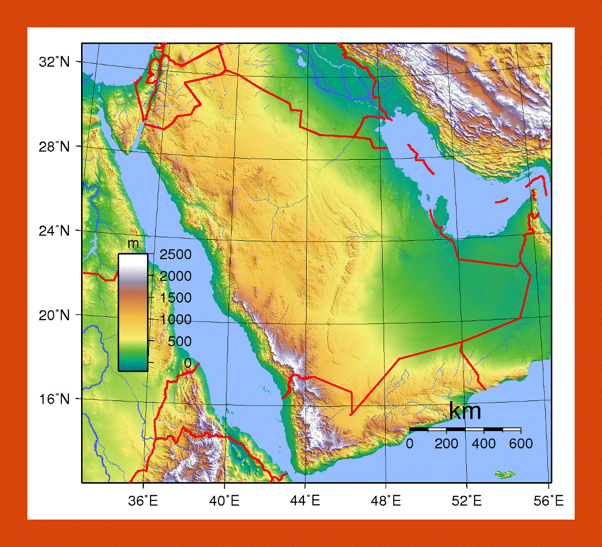 Topographical map of Saudi Arabia