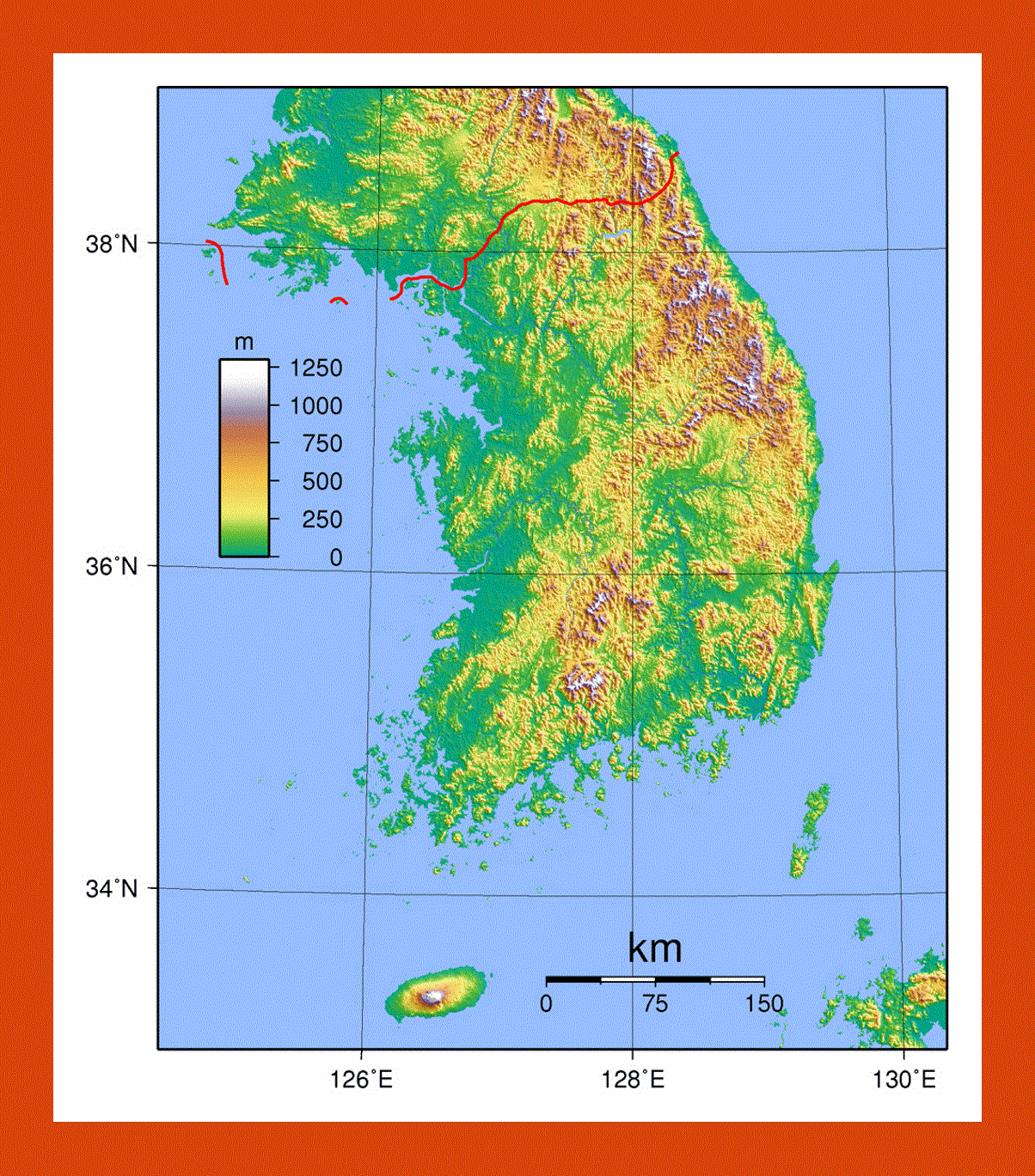 Physical map of South Korea